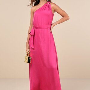 Lulus Goddess Aura Fuchsia Satin One-shoulder Maxi Dress Pink - Size L - NWT